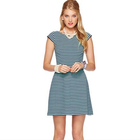 Lilly Pulitzer Briella Dress XS Teal/Navy Stripes Fit & Flare Coastal Preppy - Picture 2 of 14